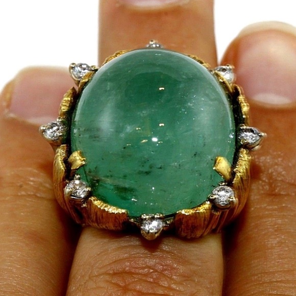 Oval Emerald Diamond Cocktail Ring 18k YG 50.25Ct - Picture 4 of 7